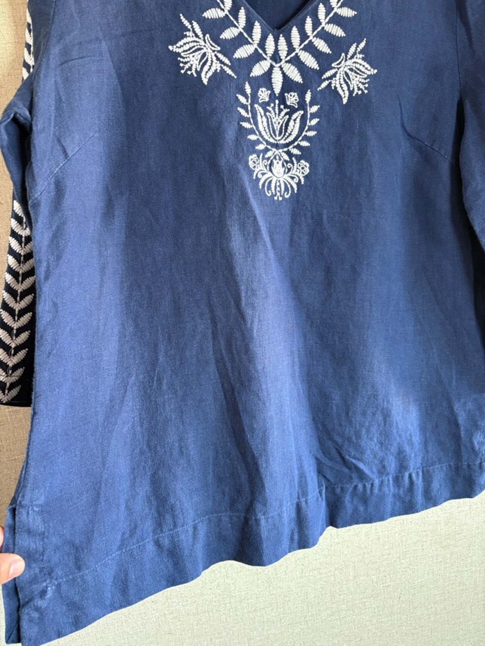 JM Collection Linen Tunic Sz 12 Navy Blue Embroidered Bohemian Peasant Coastal - Picture 9 of 15